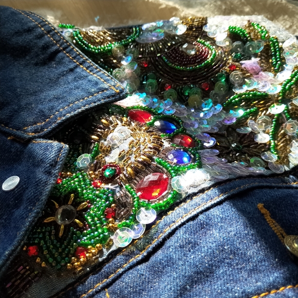 Store Close Mid Of Nov!!💎Gorgeous Vintage Unisex Shiny Bead DenimJacket💎 - Picture 9 of 13
